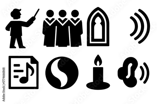 Brutalist Choir Icons. Choir Acapella silhouette set: conductor, singers in robes, cathedral arch, echo lines, sheet music, harmony ring, candle, voice symbols