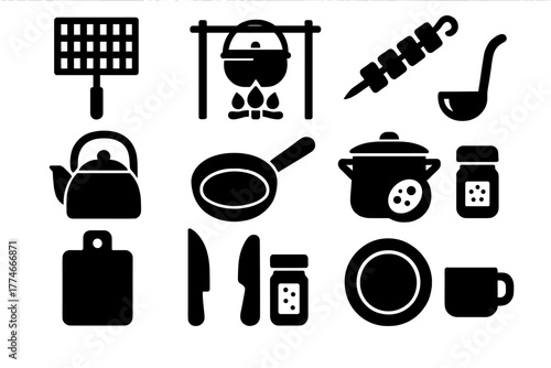 Campfire Cooking Icons. Cooking campfire silhouette set: grill grate, pot over fire, skewer, kettle, frying pan, stew pot, cutting board, knife, spice jar, plate, ladle, cup.