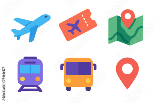 Vibrant Travel Icons. Travel schedule flat icons: airplane, ticket, map, train, bus, location pin.