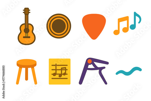Guitar Icons Collection. Acoustic Guitar set icons in flat icons: wooden guitar, sound hole, pick, music notes, stool, sheet music, capo, soft wave