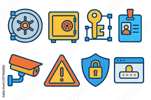 Secure Access Icons. Secure Access flat icons: vault door, safe box, encrypted key, ID badge, surveillance camera, warning triangle, shield lock, login window.