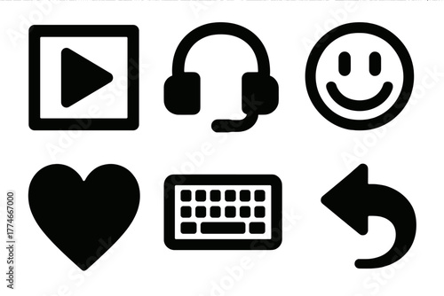 Bold Interactive Icons. Interactive comment silhouette set: video play, headset, emoji, heart, keyboard, reply arrow.