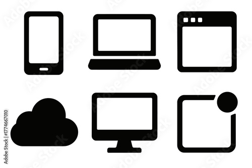 Bold Digital Icons. Digital profiles silhouette set: smartphone, laptop, app window, cloud, screen, notification.
