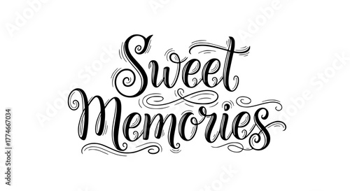 Sweet Memories hand lettering calligraphy design element for greeting cards, invitations, wall art, and scrapbooking projects evoking nostalgia and happy sentiments