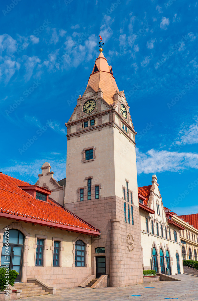 Obraz premium Aerial view of Qingdao Railway Station, China
