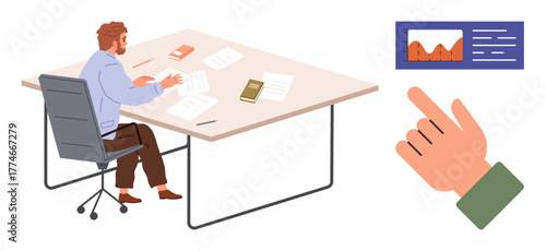 Man working at desk reviewing papers and books interactive hand selecting data visualization. Ideal for analytics, business strategy, productivity, research, technology, communication, management