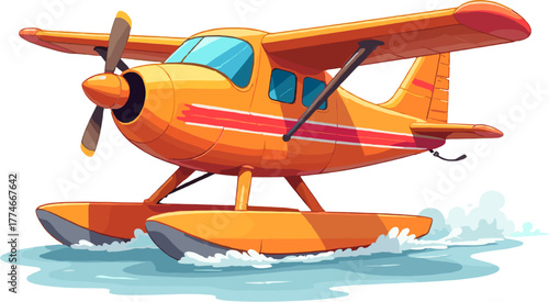 A bright cartoon illustration of an orange seaplane with large floats, flying above gentle water waves, perfect for travel themes, aviation artwork, adventure designs, children’s graphic