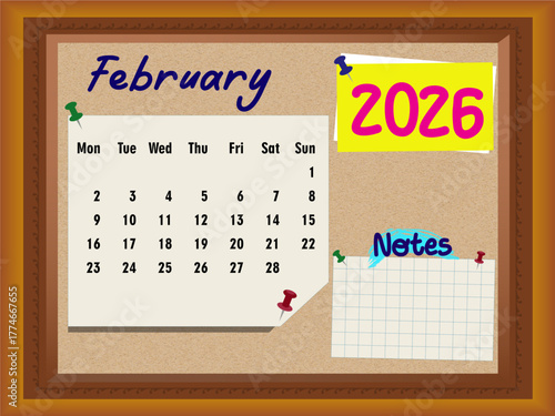 February 2026 Calendar on Cork Board with Notes, Sunday Week Start, Push Pins