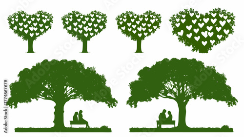 Romantic trees with hearts, offering loving shade for couples, symbolizing love, togetherness, and serene moments in nature, originally a scalable graphic