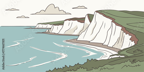 Stylized illustration of white chalk cliffs and ocean