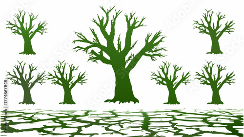 Enchanting green forest silhouette with water reflection, perfect for magical nature scenes and serene woodland concepts, originally designed as scalable vector art