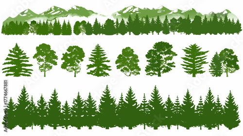 Stunning evergreen trees and mountain silhouettes offer a peaceful forest vibe, perfect for nature lovers and outdoor enthusiasts, originally vector graphics