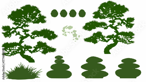 Elegant bonsai trees and topiary bushes create a peaceful zen garden vibe, perfect for landscape design projects and serene nature-inspired visuals, originally vector