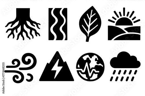 Nature Energy Icons. Nature Pulse silhouette set: tree roots, flowing river, leaf vein, sunrise, mountain energy, wind swirl, heartbeat earth, rainfall pattern