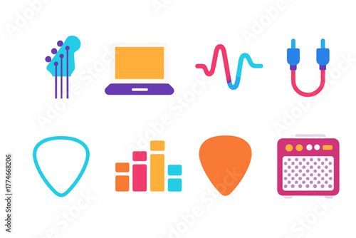 Digital Guitar Icon Set. Digital Guitar set icons in flat icons: electric fretboard, laptop, waveform, MIDI cable, neon glow, equalizer, pick, virtual amp