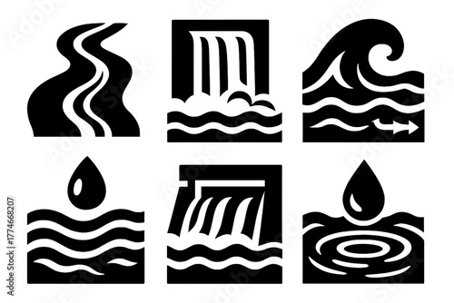 Brutalist Water Icons. Water Flow silhouette set: river stream, waterfall, wave, droplet, flowing lines, dam, ocean current, rain ripple