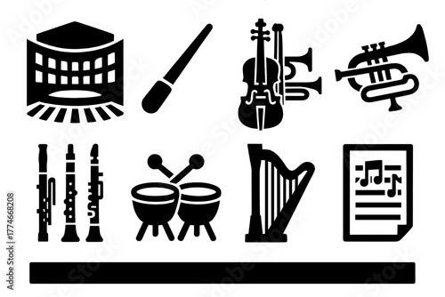 Brutalist Orchestra Icons. Symphonic Orchestra silhouette set: grand concert hall, conductor baton, string section, brass section, woodwinds, percussion drums, harp, score sheet