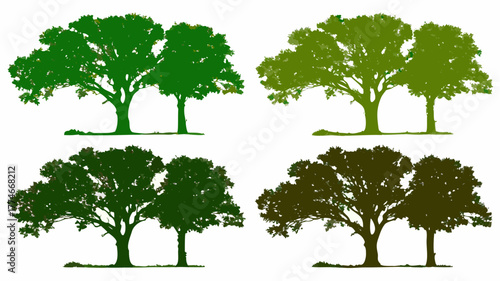 Four seasons trees in vibrant shades of green, perfect for nature designs, environmental projects, and illustrating the beauty of changing seasons