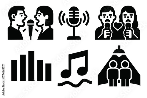 Brutalist Vocal Duet Icons. Vocal Duet silhouette set: two singers, microphone stand, echo lines, heart connection, music note pair, sound bar, harmony curve, shared spotlight
