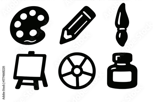 Brutalist Art Icons. Artistic flow silhouette set: paint palette, pencil, brush, canvas, color wheel, ink bottle.