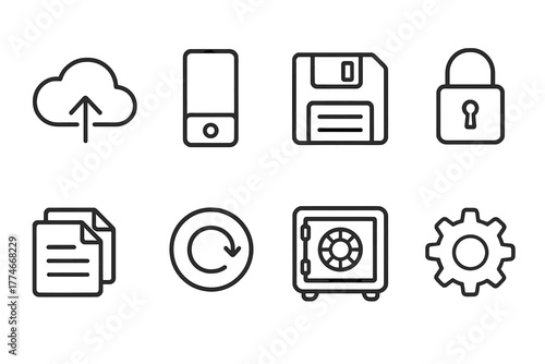 Backup Icons Outline. Backup outline icons: cloud storage, external drive, floppy disk, lock, duplicate files, arrow in circle, safe box, settings gear.