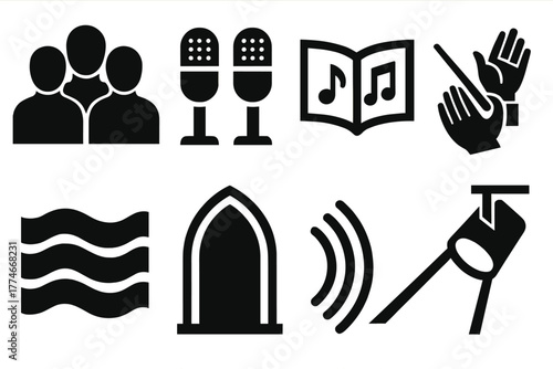Choir Icon Set. Choir Ensemble silhouette set: choir group, microphones, open sheet music, conductor hands, harmony waves, cathedral arch, echo lines, spotlight