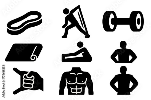 Bold Fitness Icon Set. Fitness Stretch Band silhouette set: resistance band, stretching pose, gym mat, dumbbell, hand pulling band, seated stretch, muscle outline, fitness trainer