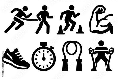 Brutalist Sports Icons. Sports Training Band silhouette set: athlete sprint, band resistance, cone drills, arm workout, sports shoes, stopwatch, jump rope, strength motion