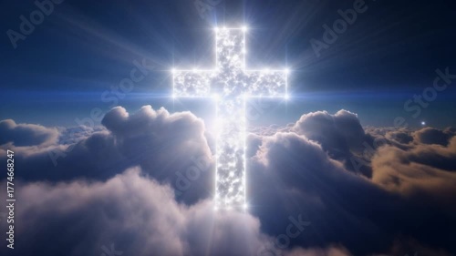 A glowing cross in the sky surrounded by clouds and rays of light. Symbolism of christianity with the Jesus Christ holy cross in the sky.