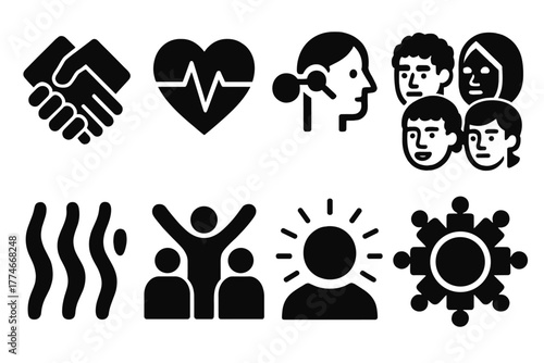 Brutalist Icon Harmony. Human Symphony silhouette set: joined hands, heart pulse, connected minds, diverse faces, rhythm lines, teamwork symbol, glowing aura, harmony circle