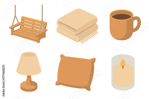 Cozy Porch Icons. Cozy porch flat icons: swing, blanket, coffee cup, lamp, cushion, candle.
