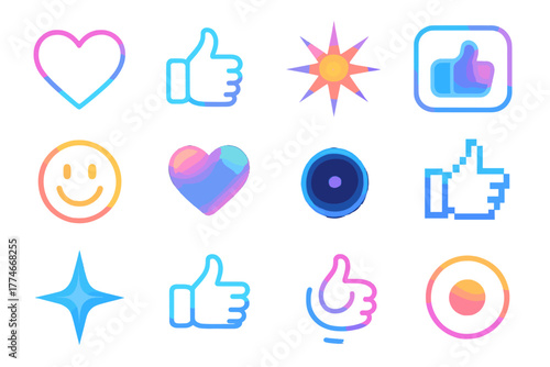 Vibrant Icon Array. Like Creative flat icons: neon heart, glowing thumbs up, fractal star, holographic like button, radiant smiley face, surreal floating heart, cosmic aura icon,