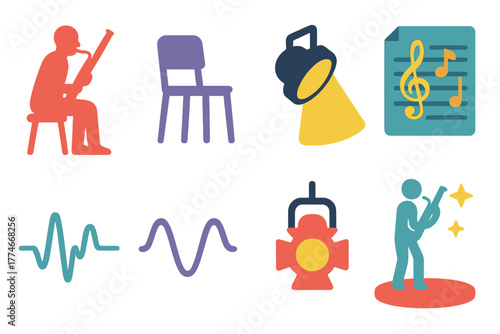 Bassoon Icons Design. Solo Bassoon set icons in flat icons: musician silhouette, chair, spotlight, score paper, sound line, harmony curve, stage light, performance icon