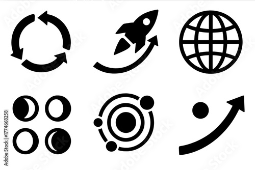 Space Icon Set. Orbit silhouette set: circular arrows, rocket in path, orbital grid, moon phases, planetary system, curved trajectory.