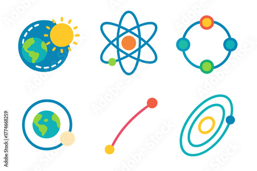 Orbits and Trajectories. Orbit flat icons: earth-sun orbit, atomic orbit, circular nodes, lunar orbit, trajectory curve, orbit rings.