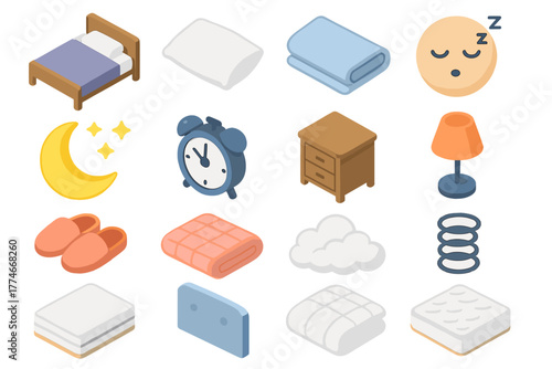 Isometric Bedding Icons. Mattress flat icons: bed, pillow, blanket, sleeping face, moon, stars, alarm clock, nightstand, lamp, slippers, quilt, cloud, spring coil, mattress layers,