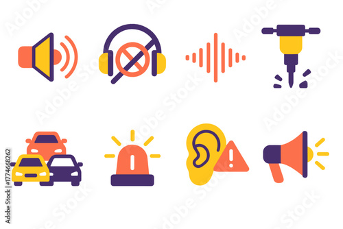 Noise Pollution Icons. Noise Pollution flat icons: loudspeaker, headphones off, sound wave, construction jackhammer, traffic jam, siren light, warning ear, megaphone.