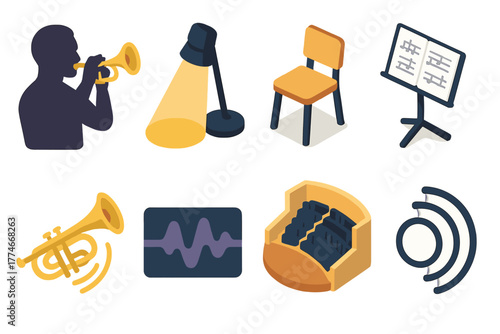 Isometric Trumpet Icons. Solo Trumpet flat icons: musician silhouette, spotlight, stage chair, sheet music, sound beam, performance wave, concert hall, echo lines