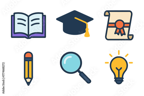Educational Symbols. Learning cognition flat icons: open book, graduation cap, scroll, pencil, magnifying glass, light bulb.