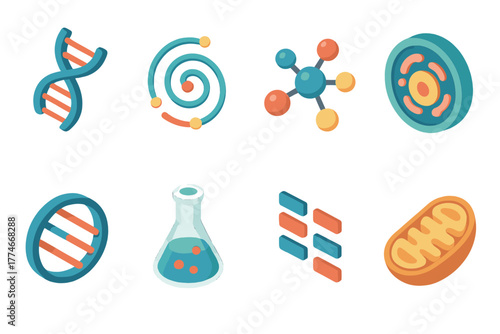 Isometric DNA Icons. DNA flat icons: helix strand, abstract spiral, molecule cluster, nucleus diagram, DNA ring, lab flask, genome bar pattern, mitochondria.