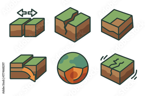 Tectonic Icon Set. Tectonic Plate flat icons: drifting plates, fissure crack, tilted block, subduction arrow, earth cutaway, shaking ground.