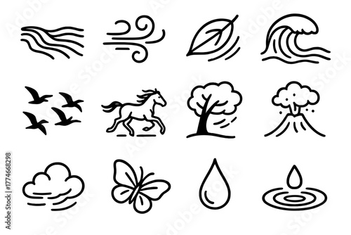 Dynamic Nature Icons. Natural movement outline icons: flowing river, blowing wind, falling leaf, crashing wave, migrating birds, galloping horse, swaying tree, erupting volcano,
