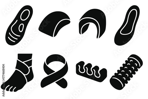 Foot Support Icons. Arch support accessories silhouette set: gel insole, foam insert, heel cup, orthotic pad, brace, strap, toe spacer, massage roller.