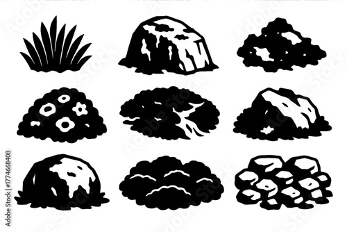 Alpine Moss Icons. Mountain moss set silhouette set: alpine moss tuft, moss on granite rock, dry moss patch, moss with lichen, moss near snowmelt stream, moss on boulder, highland