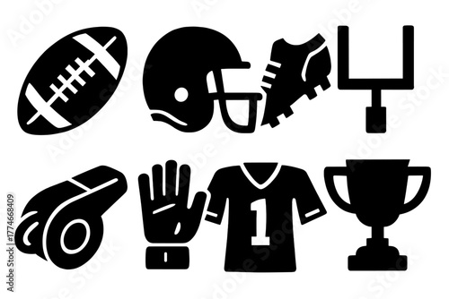 Bold Football Icons. Football equipment set silhouette set: football, helmet, cleats, goalpost, whistle, gloves, jersey, trophy.
