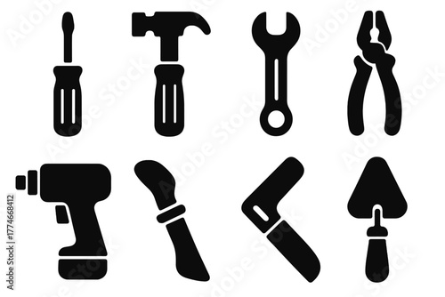 Tool Grip Icons. Tool grip handles silhouette set: screwdriver handle, hammer grip, wrench handle, pliers grip, drill grip, saw handle, knife handle, trowel grip.