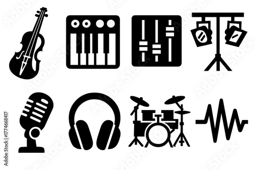 Brutalist Orchestra Icons. Modern Orchestra silhouette set: electric violin, synthesizer, soundboard, stage lights, microphone, headphones, drum kit, music wave