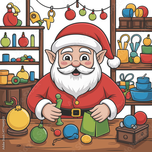 Santa Claus is busy in his workshop, preparing Christmas gifts for children.