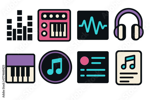 Brutalist Music Icons. Digital Melody silhouette set: sound equalizer, synthesizer, neon waveform, headphone icon, digital piano, glowing note, playlist icon, app screen