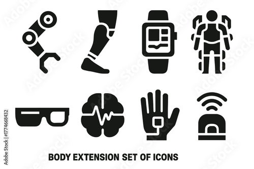 Bold Body Extensions. Body Extension silhouette set: robotic arm, prosthetic leg, wearable tech, exoskeleton, smart glasses, neural link symbol, augmented hand, motion sensor